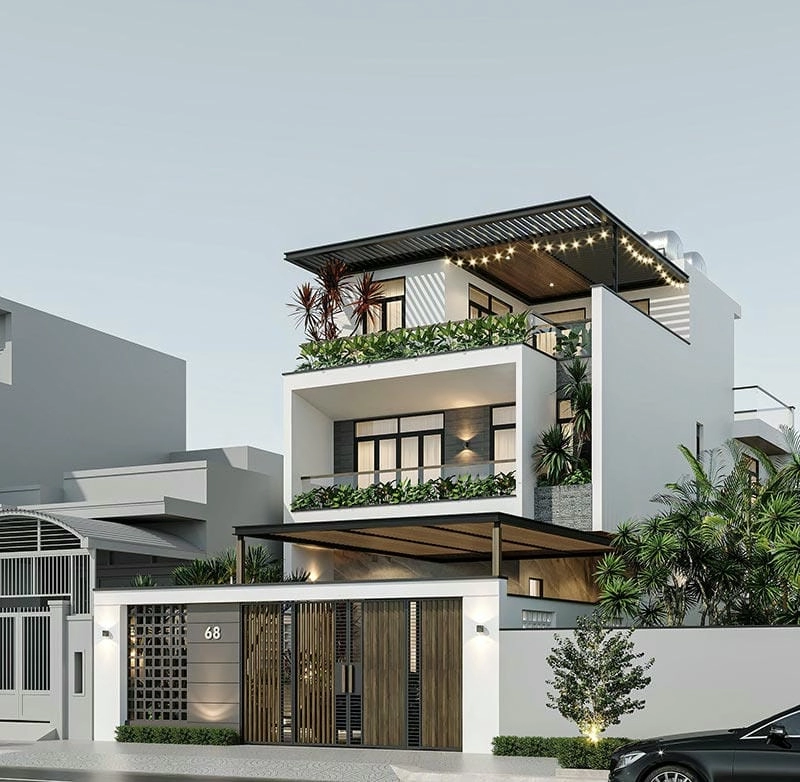 Thiết kế mẫu nhà ngang 2 tầng mái bằng hiện đại trẻ trung