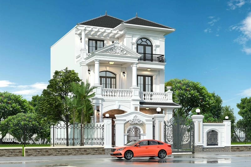 mẫu nhà biệt thự tân cổ điển 3 tầng pha nét cổ sang trọng