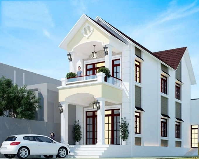 Ngắm nhìn mẫu nhà ống 2 tầng có sân thượng phía trước nhà ống mái thái