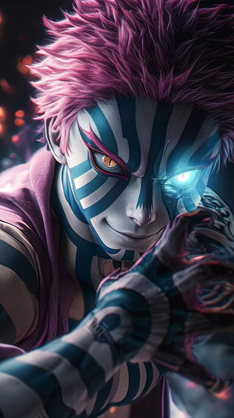 Ảnh akaza nổi bật với những đường vân xanh đặc trưng và ánh mắt sát khí