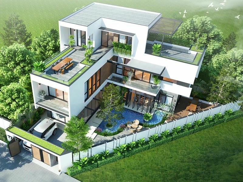 mẫu nhà vườn 2 tầng mái bằng thiết kế vuông vức hiện đại