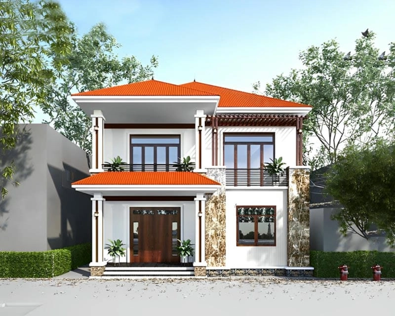 mẫu nhà mái ngói 2 tầng nổi bật với nét kiến trúc hài hòa