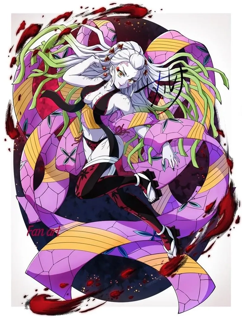 Ảnh Daki nổi bật với mái tóc dài trắng óng và đôi mắt sắc lạnh đầy ám ảnh