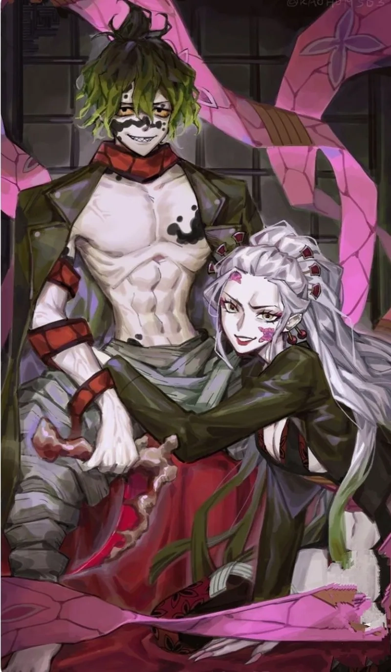 Hình nền Daki 4K làm nổi bật đôi mắt sắc sảo, mái tóc trắng và dải lụa chiến đấu