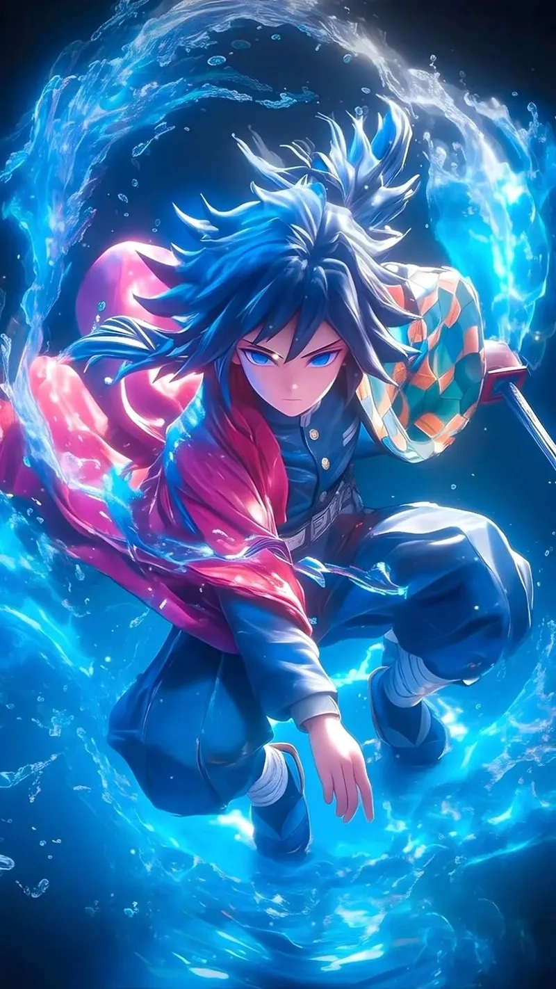 Ảnh Thủy Trụ Giyuu thể hiện sức mạnh của Hơi Thở Nước với dáng đứng uy nghi