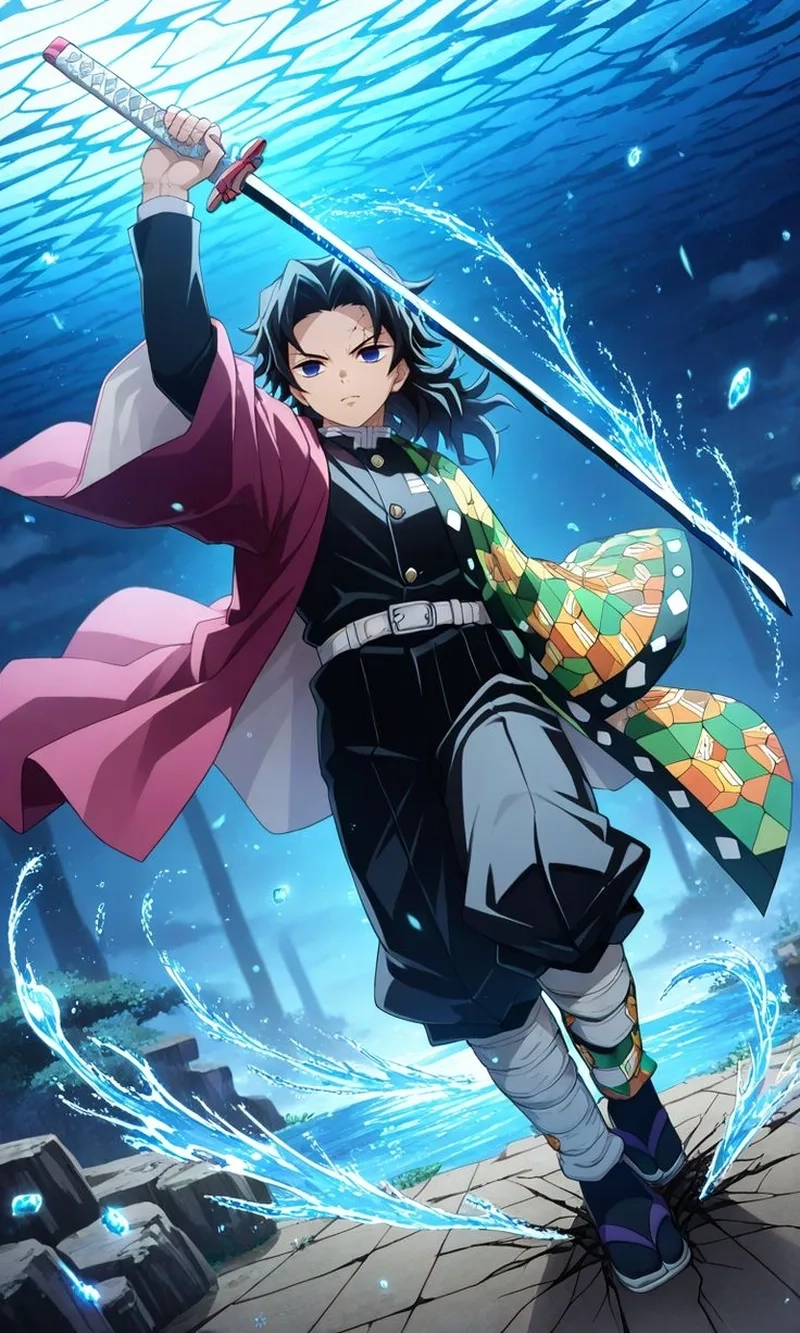 Ảnh Giyuu ngầu với tạo hình nghiêm túc, tóc rối nhẹ và bộ haori đối lập màu sắc