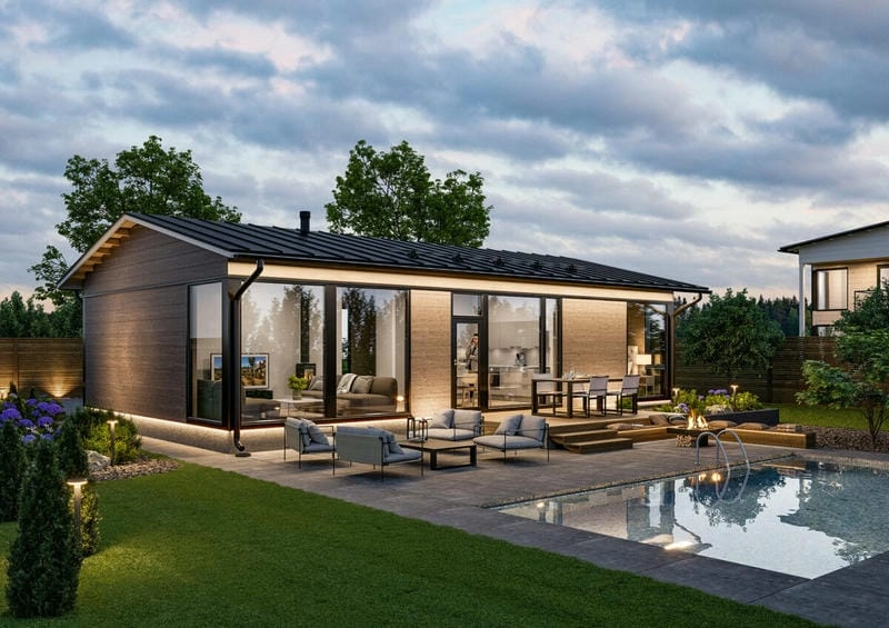 nhà cấp 4 bằng kính hiện đại và tiện nghi đầy đủ