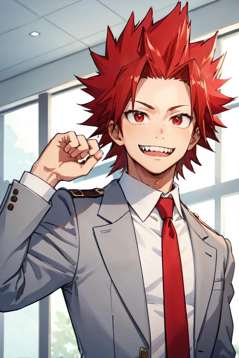 Kirishima hero có tên anh hùng là Red Riot, lấy cảm hứng từ thần tượng anh là Crimson Riot.