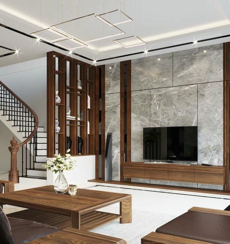 Trang trí sang trọng với vách ngăn cầu thang bằng gỗ