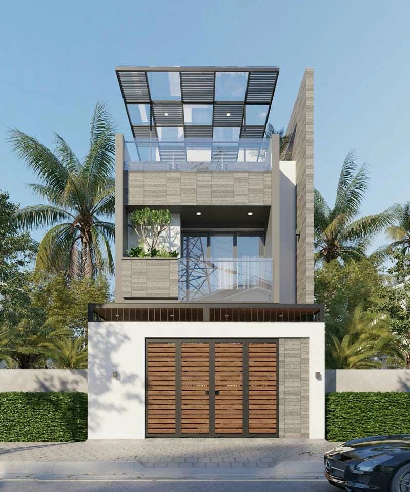 mẫu nhà 1 trệt 1 lầu 1 tum thiết kế hiện đại tiết kiệm đất