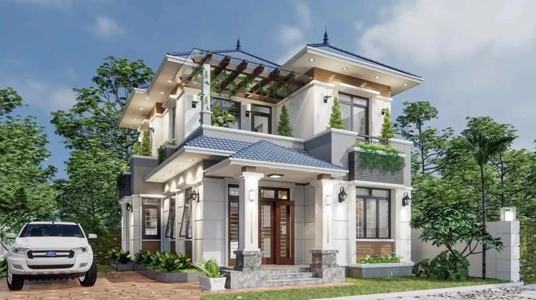 Tham khảo mẫu nhà 2 tầng mái nhật phòng thờ tầng 1 chuẩn Việt