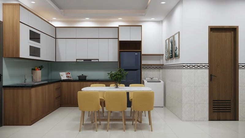 nhà bếp màu trắng mang lại vẻ sáng thoáng rộng