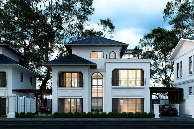 Tham khảo nhà phố mẫu nhà 2 tầng mái thái mặt tiền 8m tiện nghi