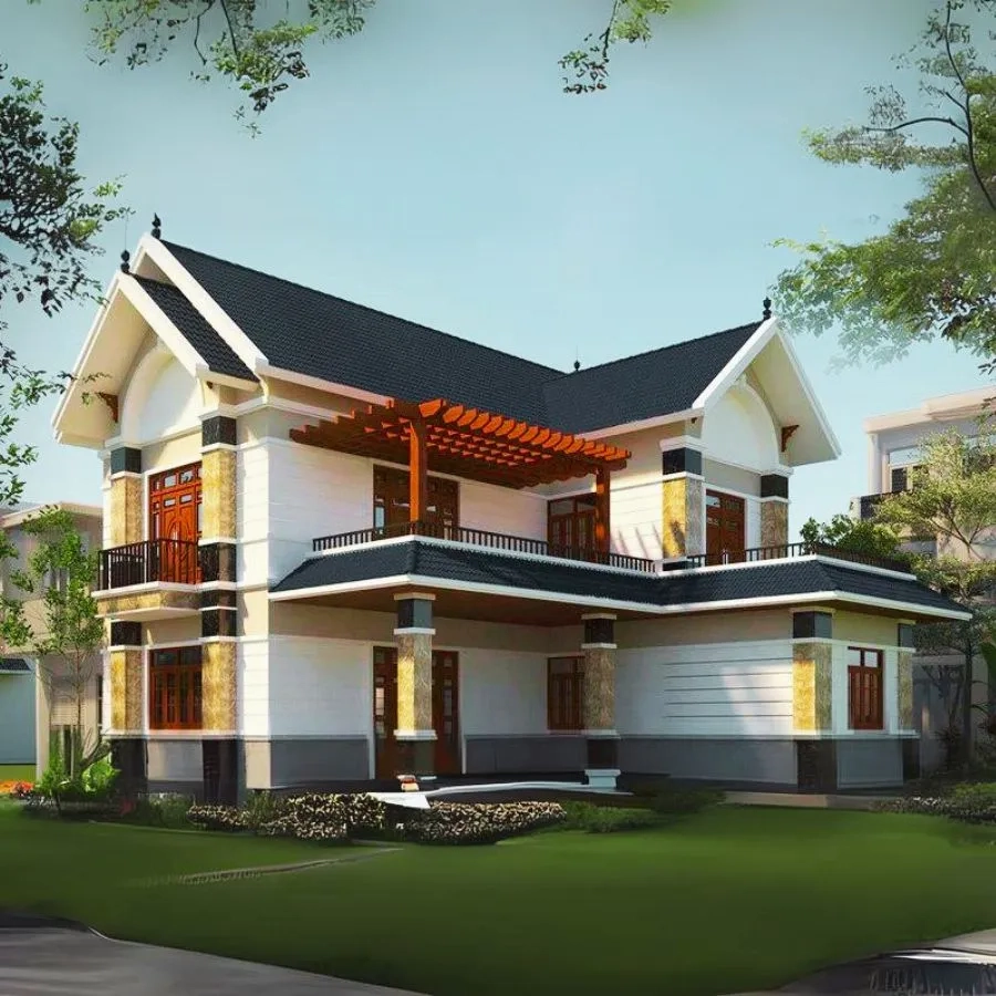 Tham khảo mẫu nhà chữ l 2 tầng mái thái đẹp hiện đại