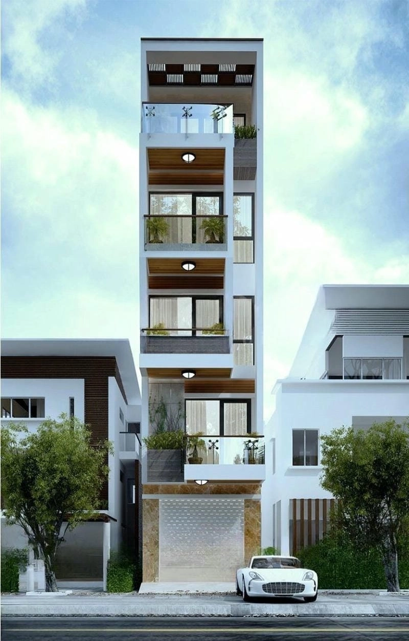 Mặt tiền nhà 5 tầng đẹp hài hòa bố cục và ánh sáng