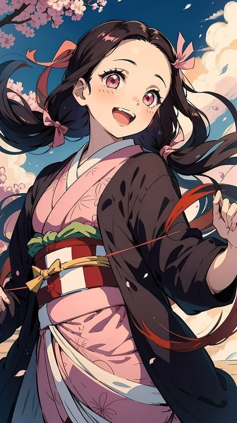 Hình ảnh Nezuko thường nổi bật với mái tóc ombre hồng và chiếc ống tre đặc trưng