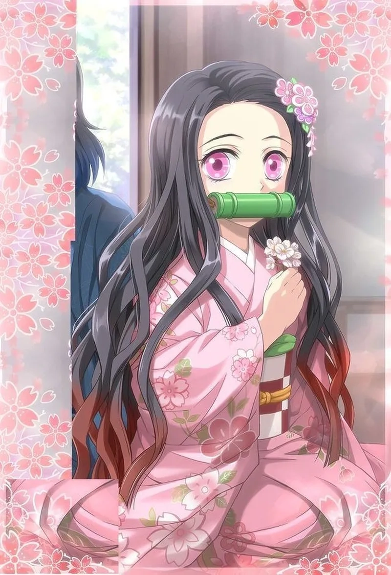 Nezuko Kamado chibi thường kèm theo hình ảnh ống tre và bộ kimono dễ thương