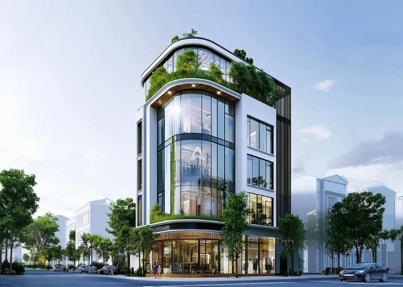 mặt tiền nhà 4 tầng hiện đại hình khối mạnh mẽ trẻ trung