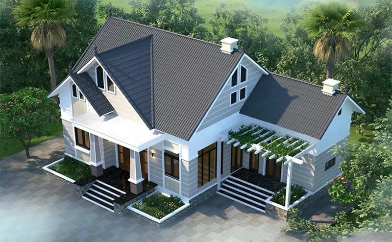 mẫu nhà cấp 4 mái thái hình chữ l bố trí phòng thông minh