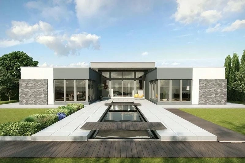 mẫu nhà chữ u mái bằng kiểu dáng vuông vức tối giản