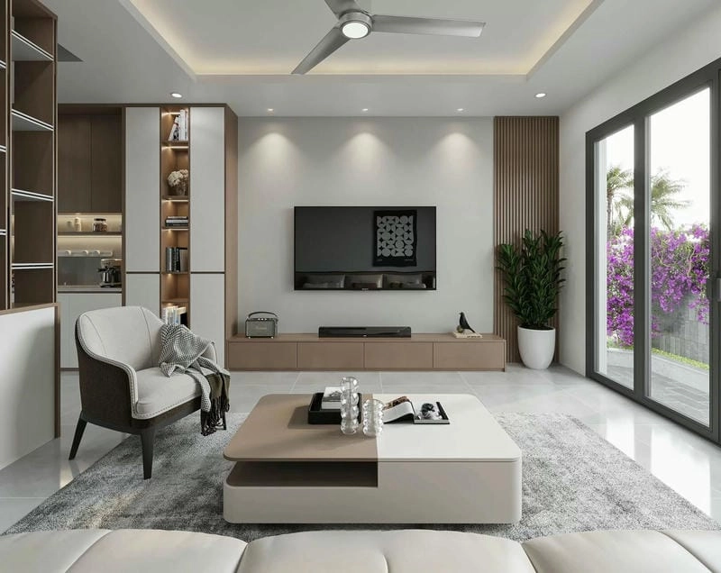 mẫu nội thất phòng khách nhà ống hiện đại tối giản tinh tế