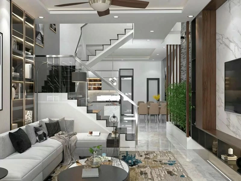 mẫu nhà có phòng khách liền bếp thiết kế thông minh tiện dụng