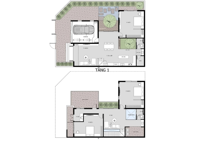 Định hướng không gian với bản vẽ nhà 2 tầng hình chữ l