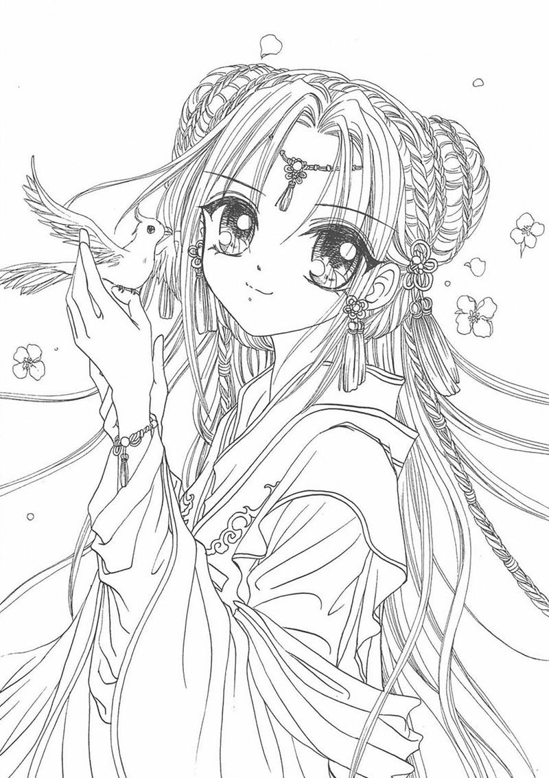 Bé dễ tập tô với tranh tô màu anime cổ trang đơn giản