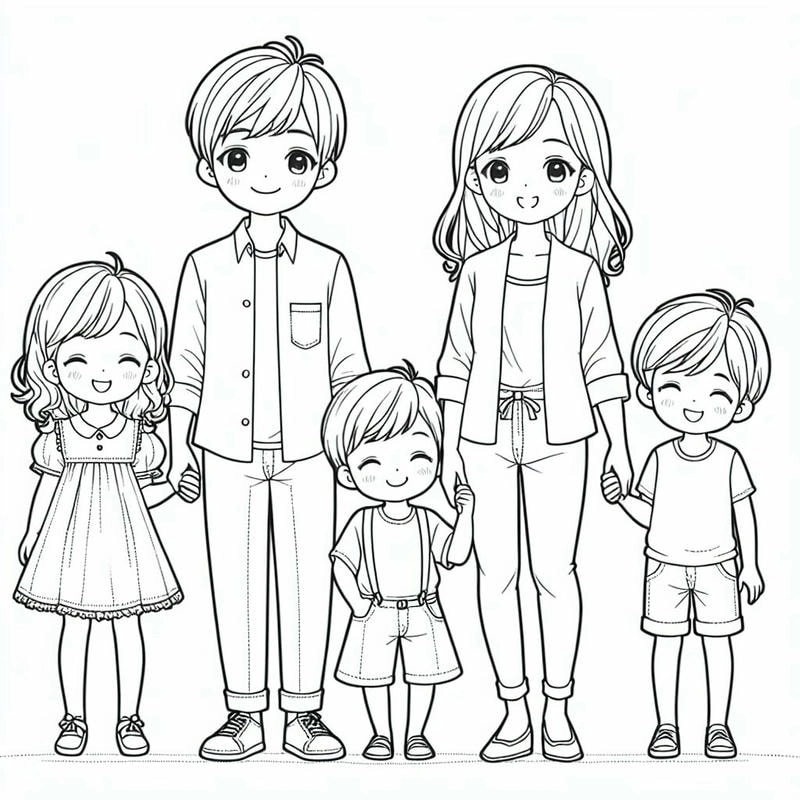 Khám phá tranh tô màu gia đình 5 người vui vẻ cùng bé