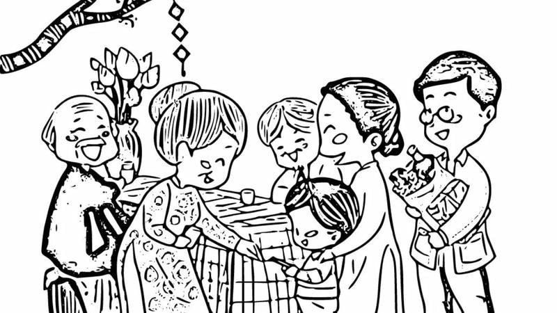 Sáng tạo tranh tô màu gia đình ngày tết rực rỡ