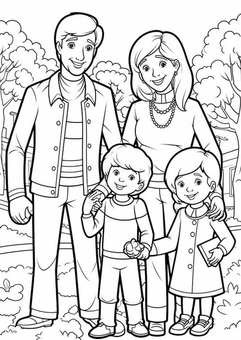 Tận hưởng hạnh phúc tranh tô màu gia đình 4 người