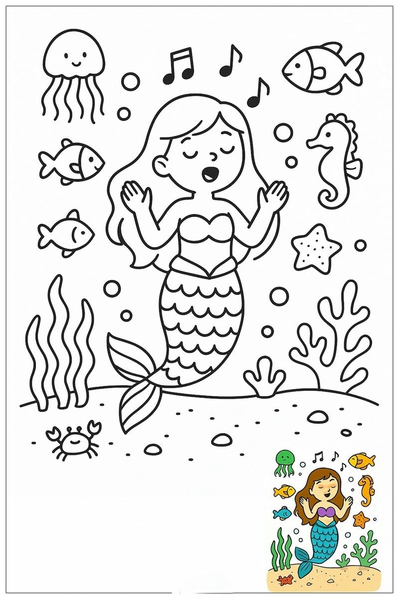 Tranh nàng tiên cá cho bé tô màu đơn giản và dễ thương