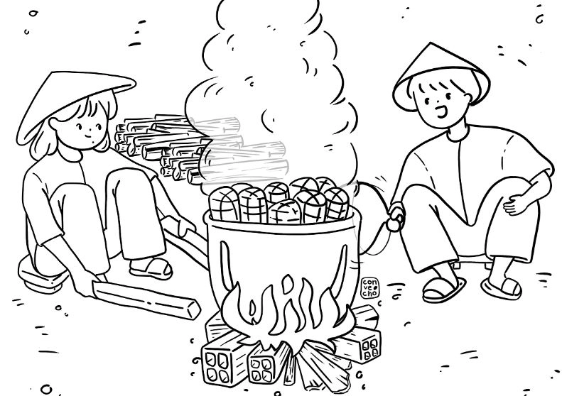 Tranh tô màu gói bánh chưng ngày tết, bé sáng tạo nét xuân