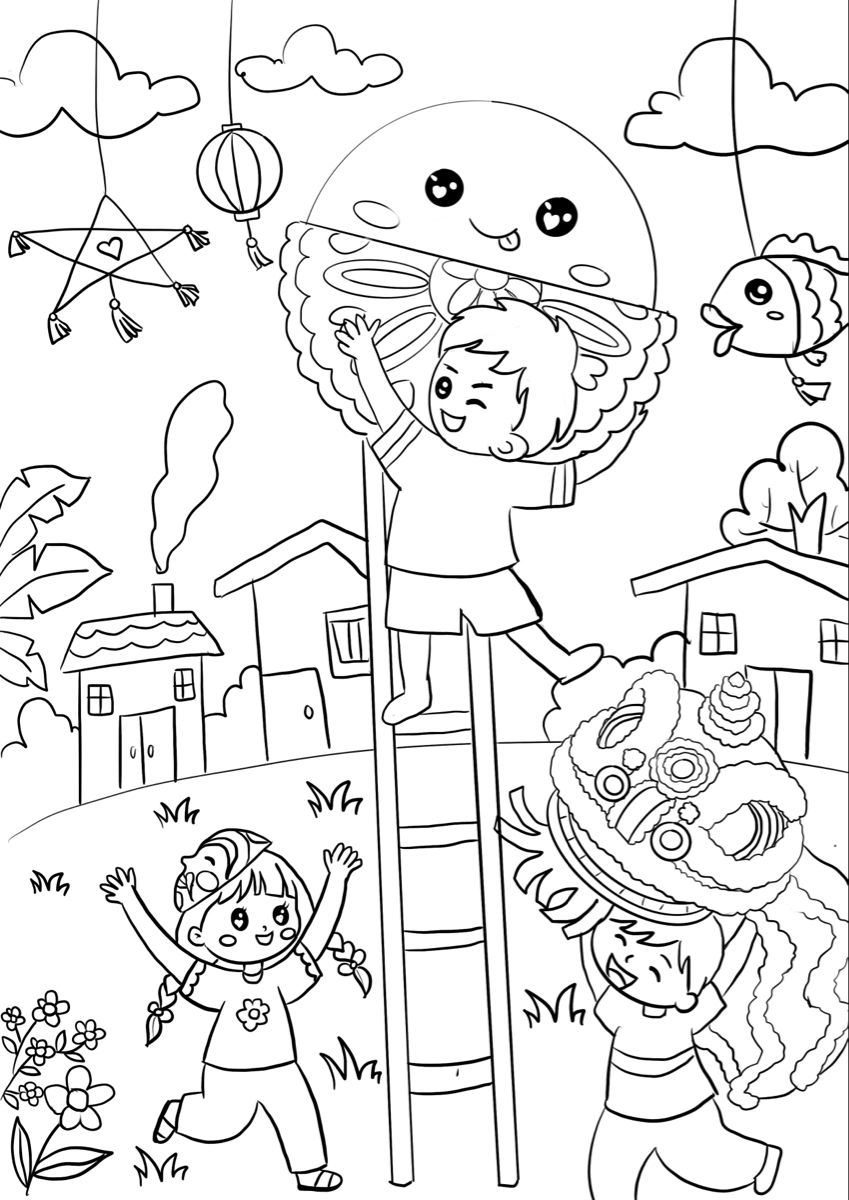 Tranh tô màu chợ tết, bé vẽ không khí rộn ràng