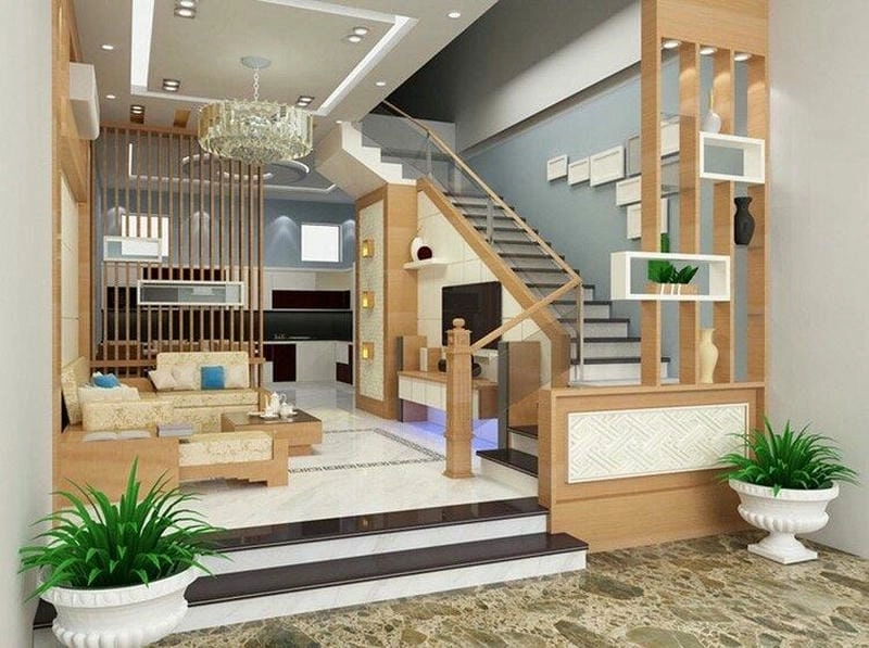 Không gian ấm cúng nhờ vách ngăn cầu thang gỗ đẹp