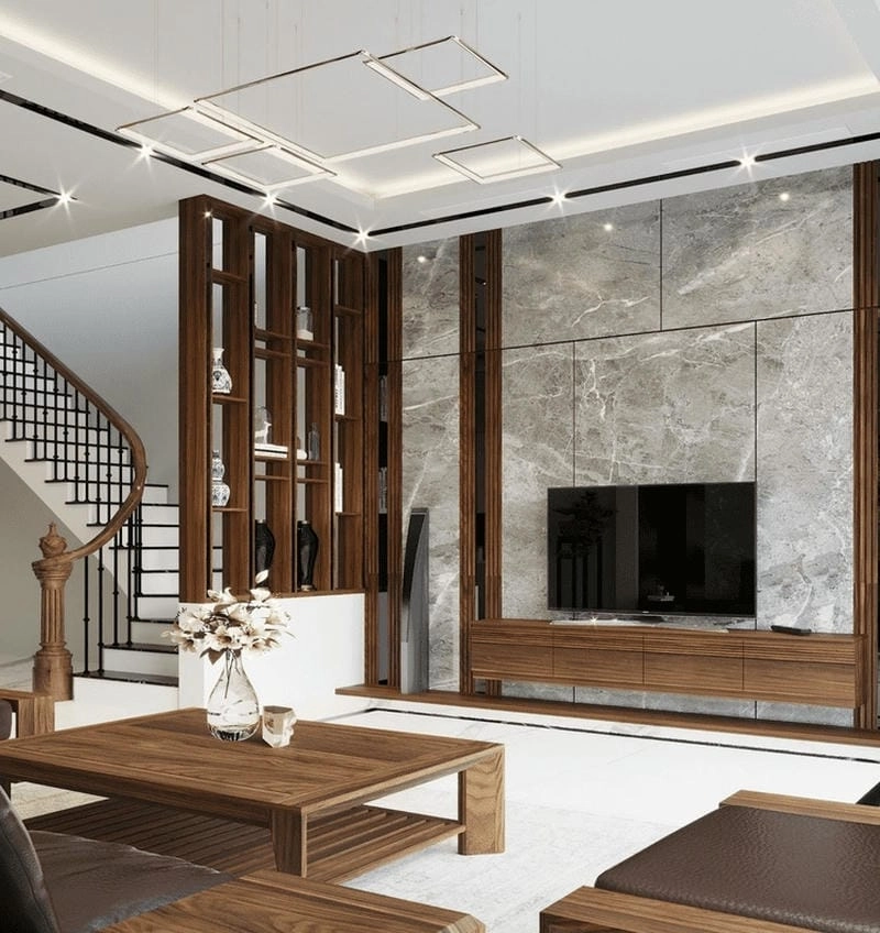 Hài hòa không gian với vách ngăn gỗ cầu thang đẹp