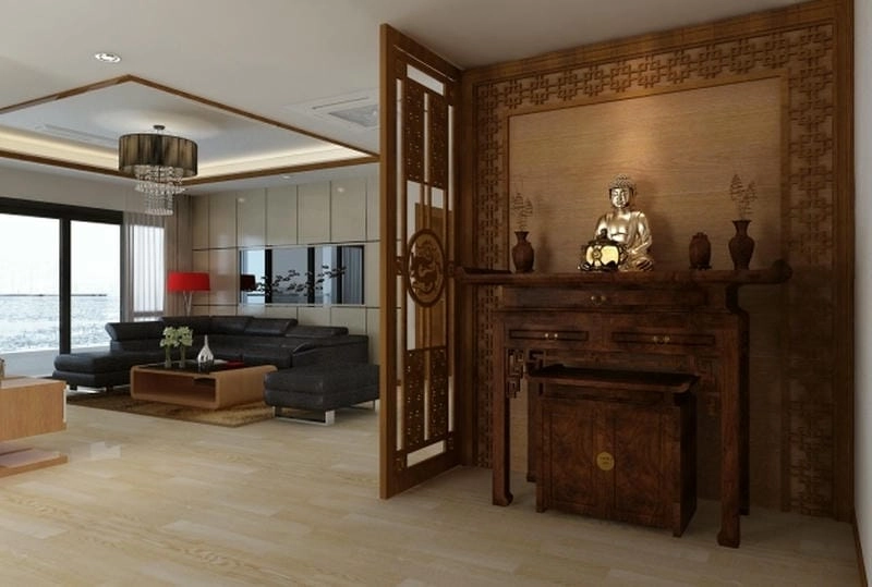 Sắp xếp hợp lý với vách ngăn phòng khách có tủ thờ