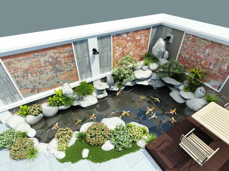 Thiết kế phong thủy độc đáo với mẫu thác nước hồ cá koi