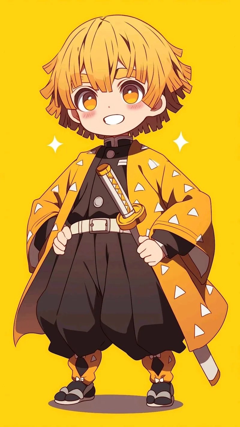 Ảnh Zenitsu chibi khiến người xem thích thú với dáng vẻ nhỏ nhắn, đôi mắt tròn long lanh và biểu cảm đáng yêu