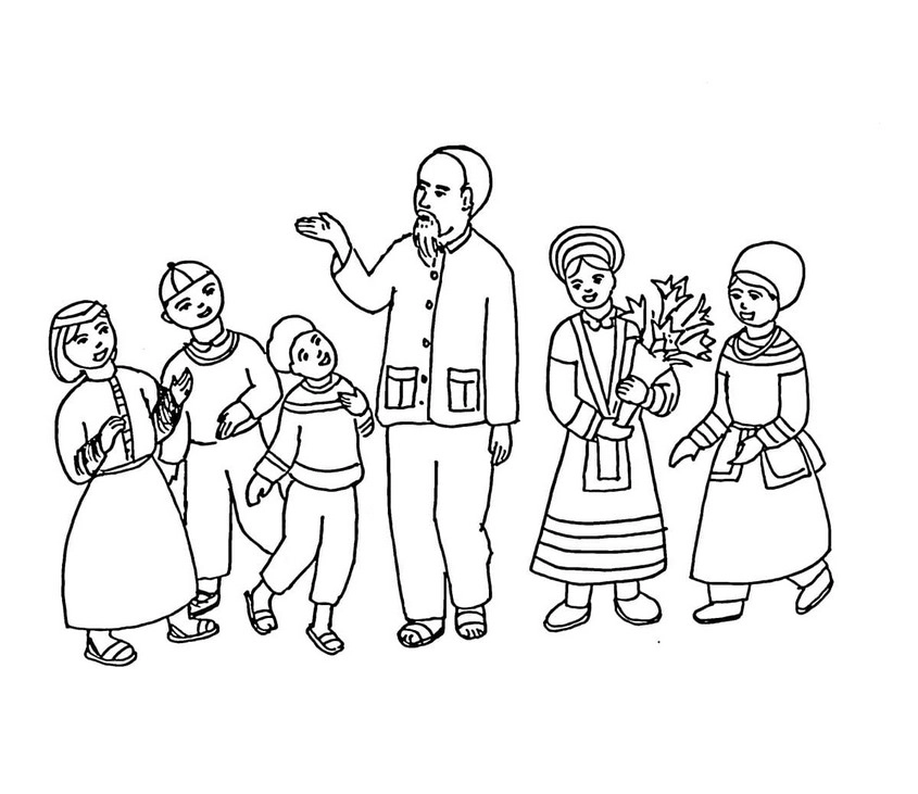 Hình ảnh tranh tô màu bác hồ với các cháu thiếu nhi sinh động