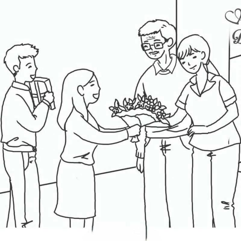 Bức tranh tranh tô màu cô giáo và các bạn giúp bé yêu lớp học