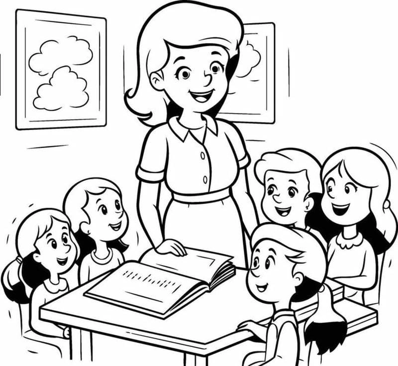 Bé yêu lớp học với hình ảnh tô màu cô giáo và các bạn