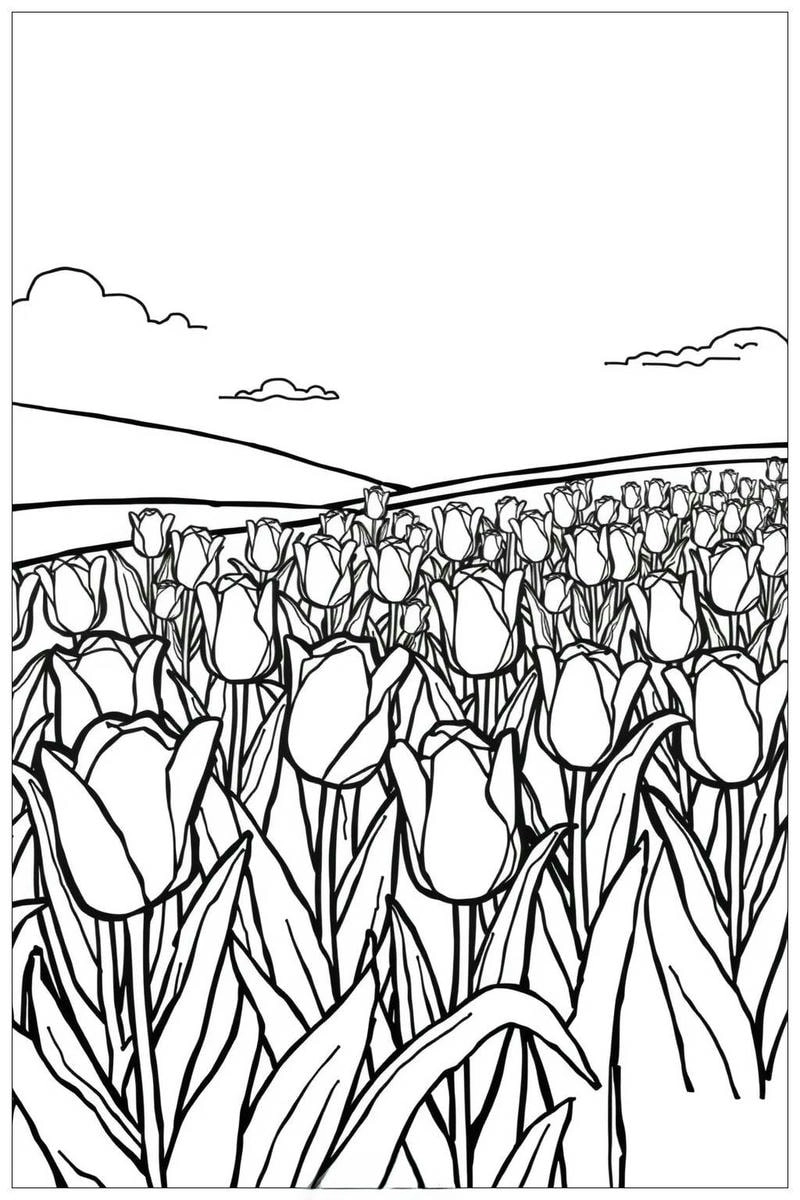 Học và chơi cùng tranh tô màu vườn hoa tulip